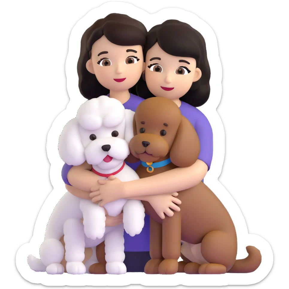 Woman with short black straight hair hugging a brown poodle and a white bichon frise sticker