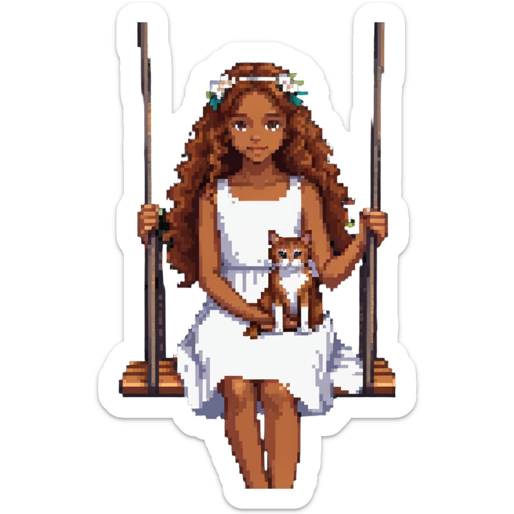 beautiful girl with curly long brown hair in a white dress holding an Abyssinian cat with reddish-brown fur, sitting on a swing sticker