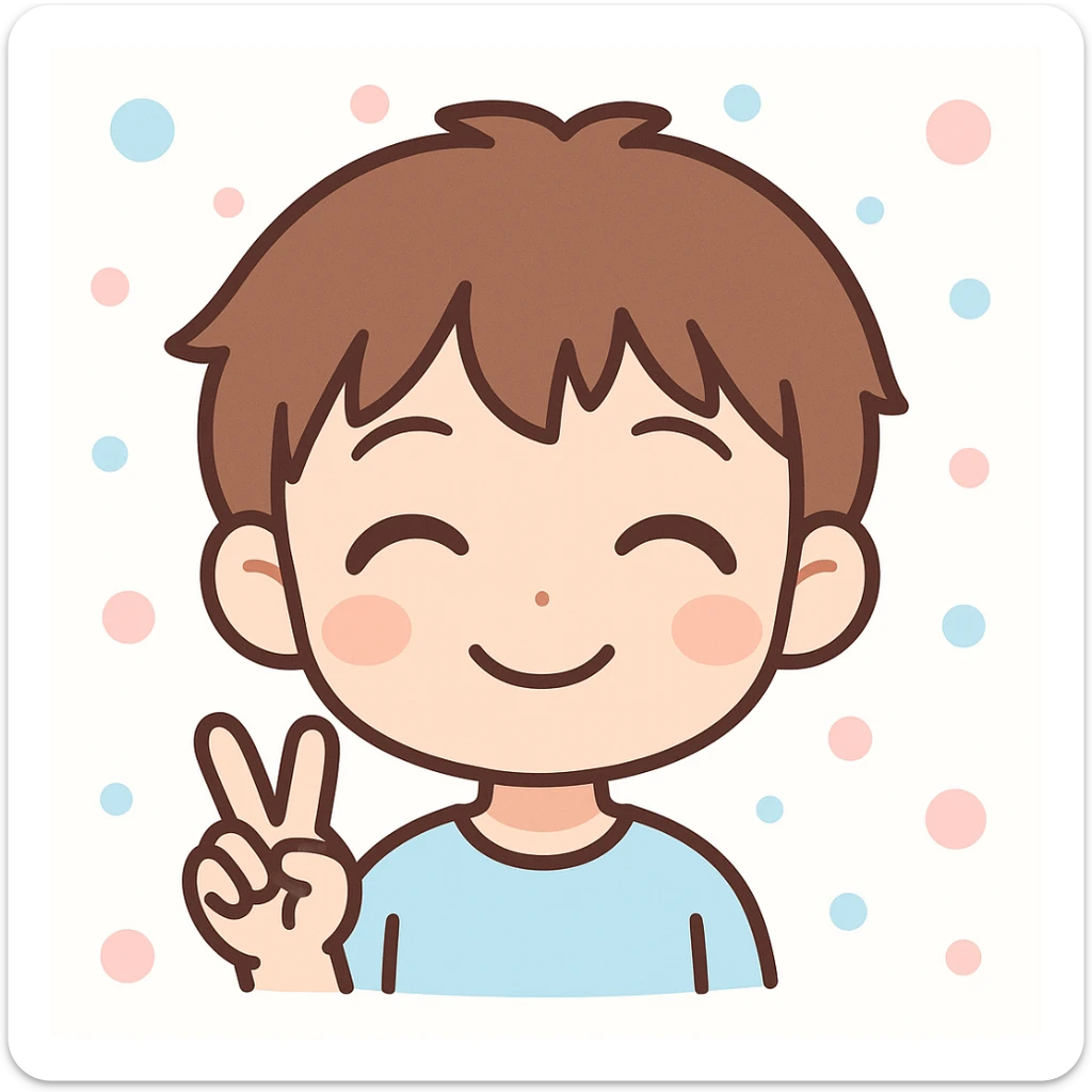 anime themed emoji of a boy, smiling, closed eyes, peace sign hand, friendly mood sticker