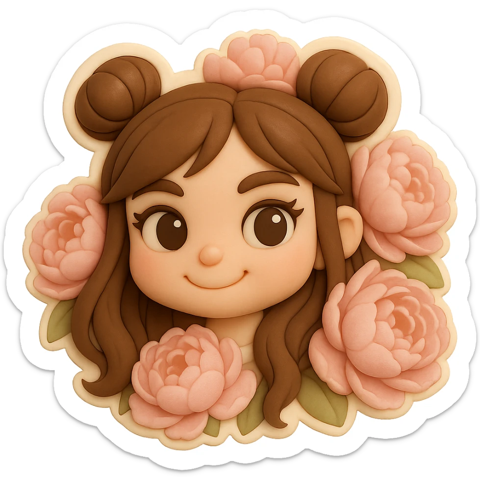 3D chibi fondant cake art style, high-quality rendering with smooth shadows and soft gradients. Girl based on reference image with preserved facial features and eye shape exactly as in the reference. Long brown hair in two space buns, brown eyes, thick white outline like a sticker, transparent background. Only her smiling head is visible, surrounded tightly by a wall of huge soft pink peonies, petals overlapping her hair. sticker