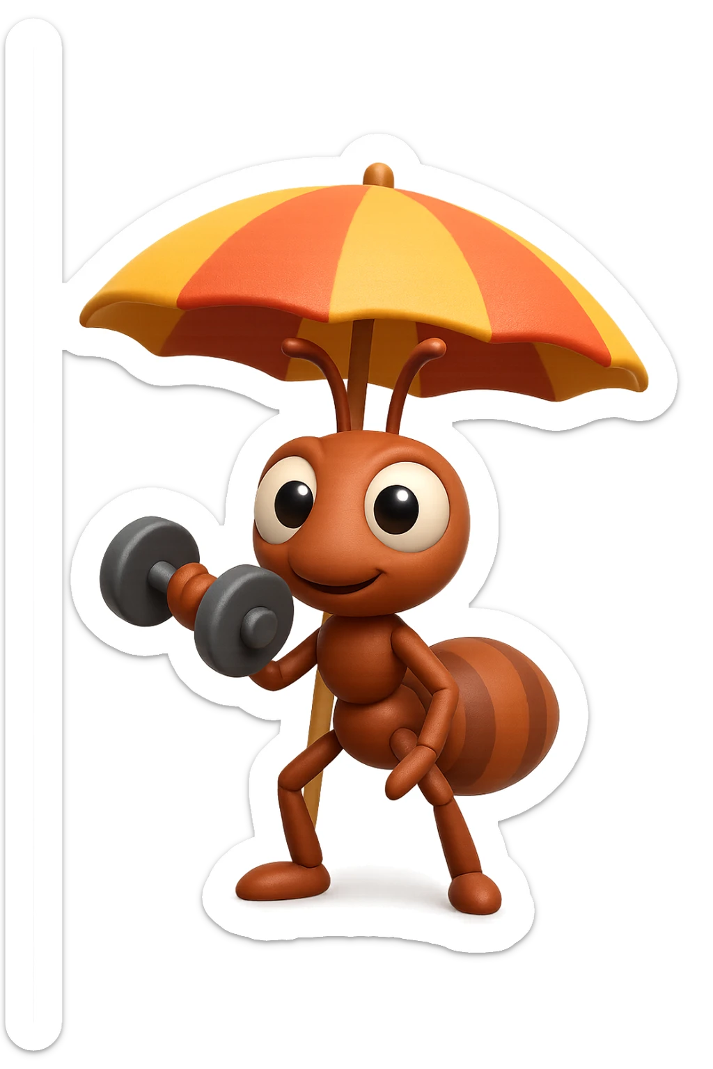 EMOJI STILE IPHONE 3D DI una formica che si allena sotto l'ombrellone in spiaggia con un manubrio da palestra in mano, fagli anche la parte bianca degli occhi, non solo la pupilla sticker