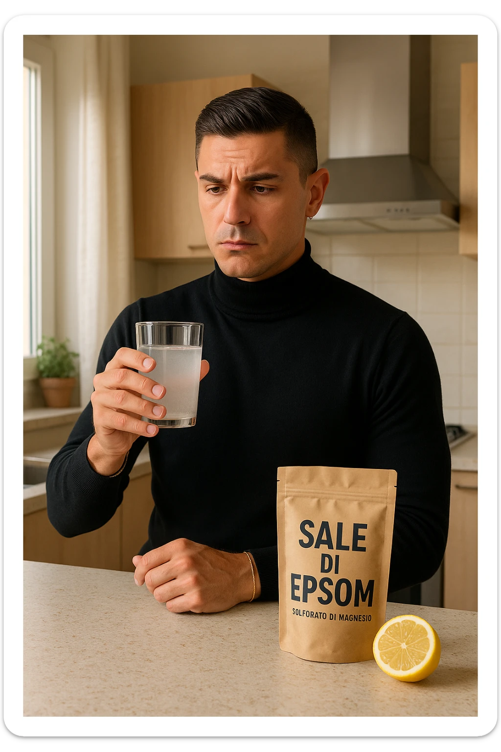 A realistic, bright photo-style image of a young man in his 30s standing in his kitchen, holding a clear glass filled with water in which Epsom salt (magnesium sulfate) has been dissolved. He looks focused but slightly uncertain as he prepares to drink it for a liver flush or digestive cleanse. The glass shows slight cloudiness from the dissolved salt. On the counter are a packet labeled 'Sale di Epsom' and a sliced lemon, suggesting he might use it to mask the taste. The setting is clean, natural, and bright with neutral tones. The background shows sunlight streaming through a window, emphasizing a clean, minimalist health-focused environment. The mood conveys a realistic, calm moment of self-care with a hint of discomfort, illustrating a natural detox practice in italiano sticker