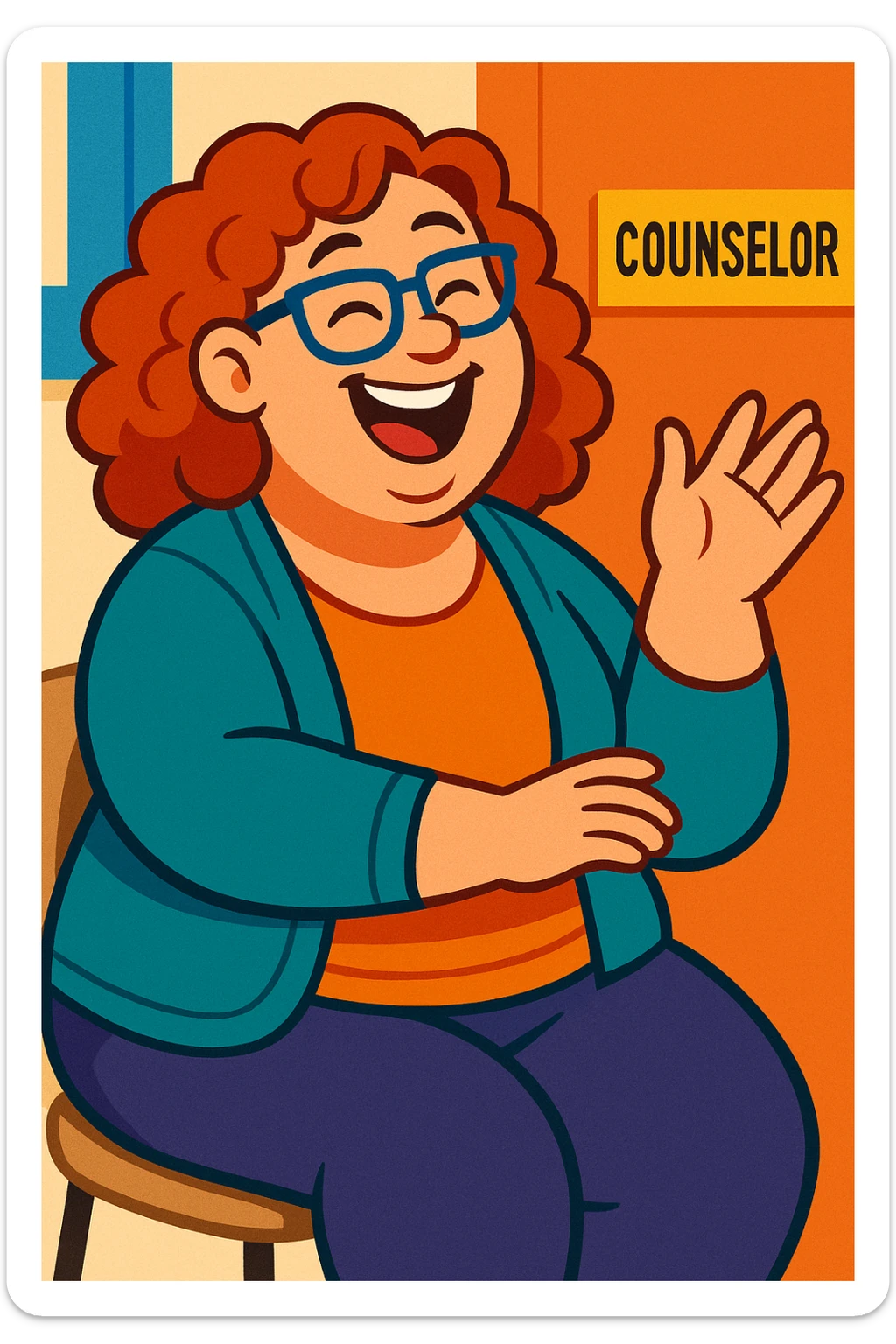 fun high school female counselor, curly red shoulder-length hair, blue glasses, overweight, laughing, friendly vibe, casual clothes sticker