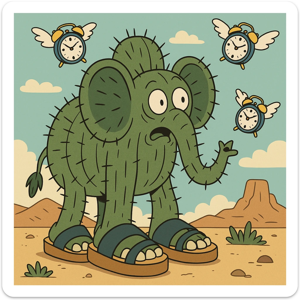 giant cactus elephant wearing huge sandals in a desert with flying alarm clocks in the sky, inspired by Lyriq LaRue from Super Brainrot sticker