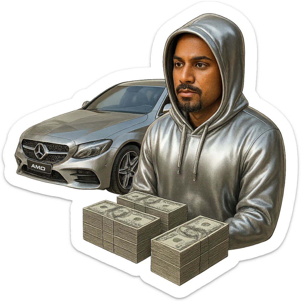 Make only the Indian man's hoodie chrome, keeping his skin and face natural. Add a goatee to the man. Include money on the side and a chrome AMG car in the scene. Keep the background transparent. sticker