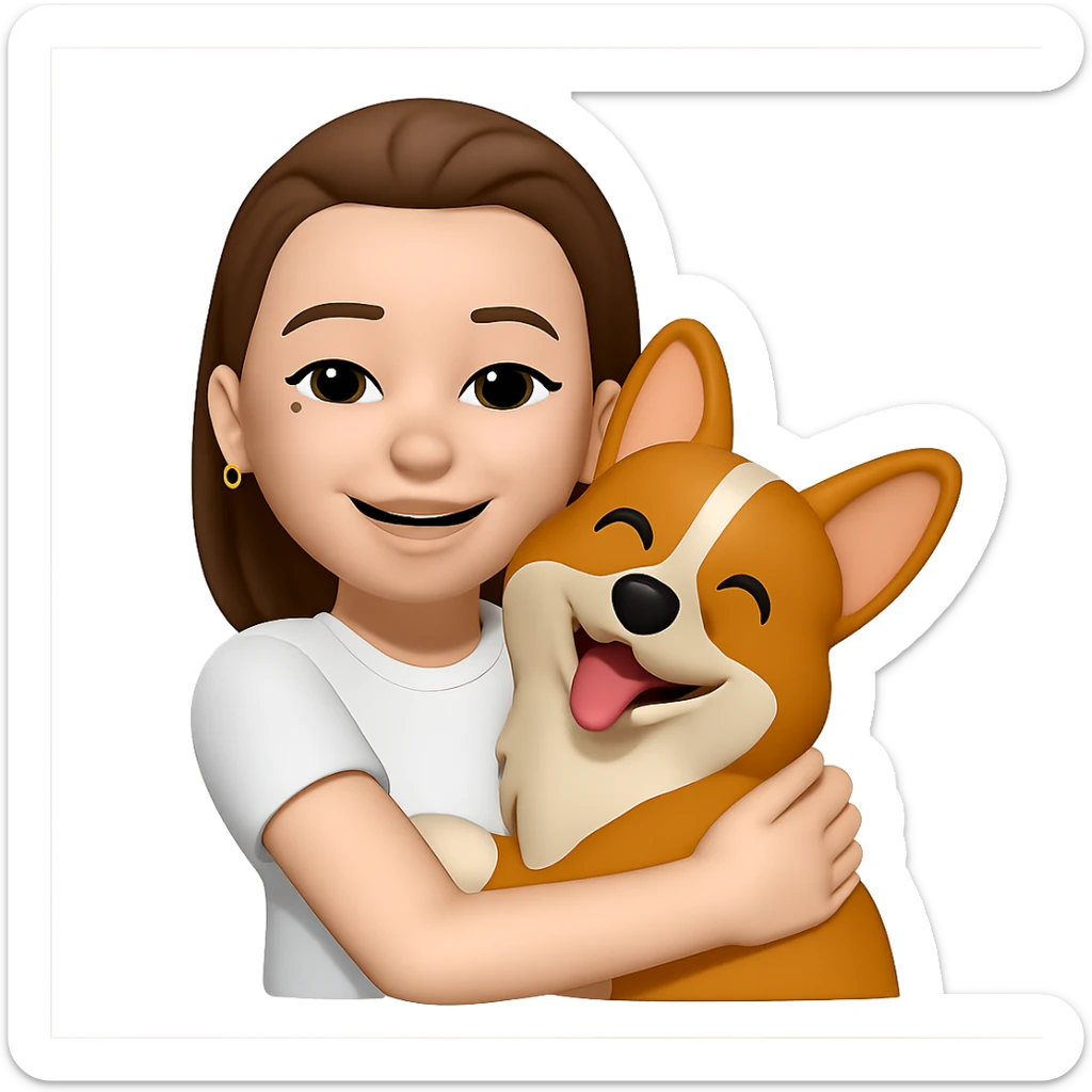 add a white t-shirt to her while she is hugging a corgi dog, keep the golden ring earrings, same style sticker