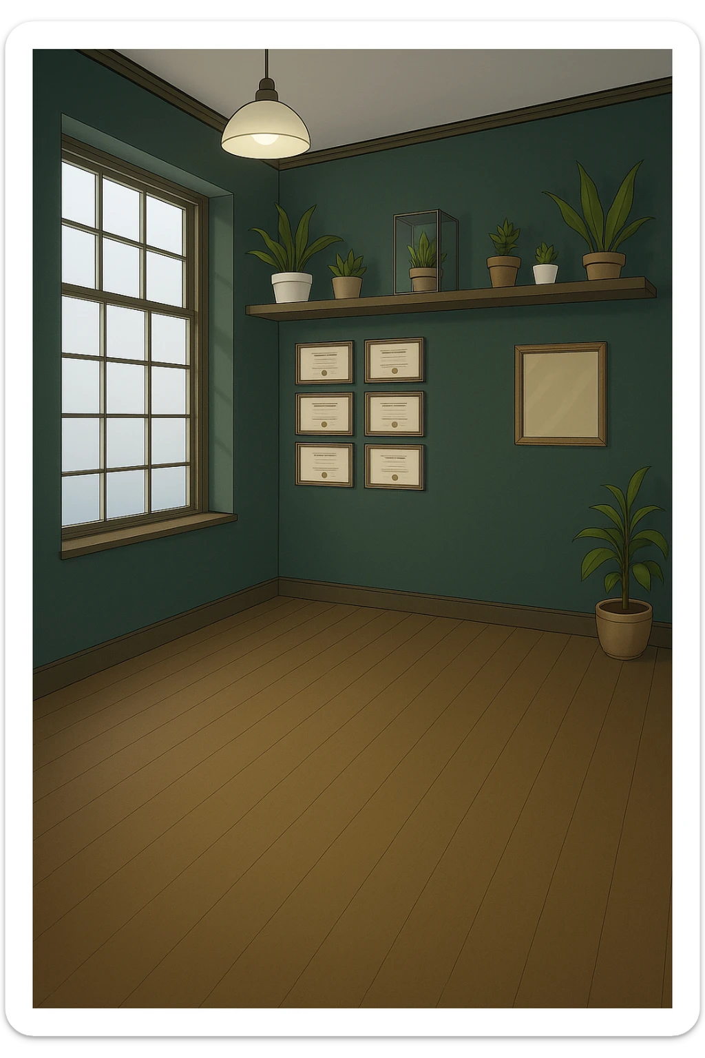 PRENDI SPUNTO DAI COLORI E DALLO STILE DELLA STANZA CON L'UOMO CON IL CAMICE E faMMI QUESTA STANZA VUOTA STILE MANGA/WEBTOON A COLORI SENZA LE PERSONE, SOLO LA STANZA. FALLA MOLTO PIù LUMINOSA, NON LUCI GIALLE sticker