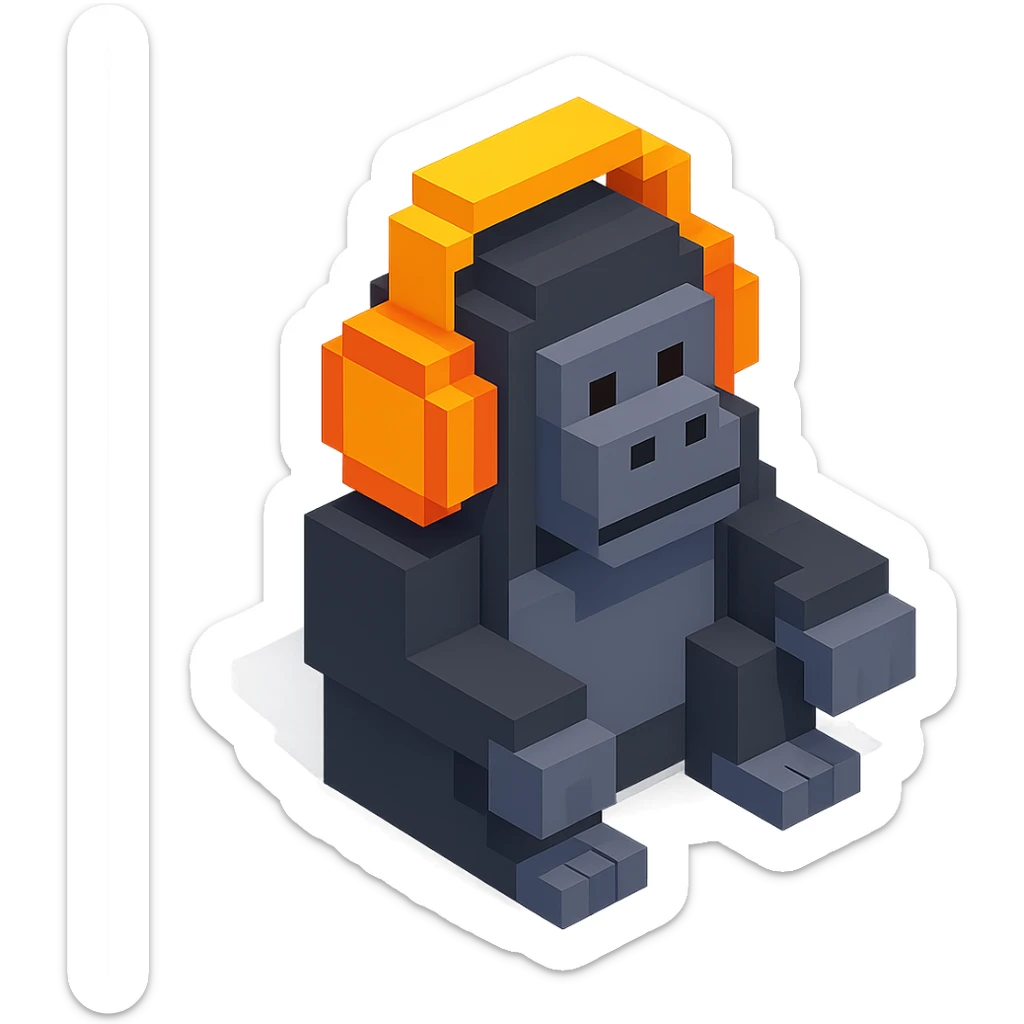voxel style gorilla sitting and listening to music with headphones, isometric view sticker