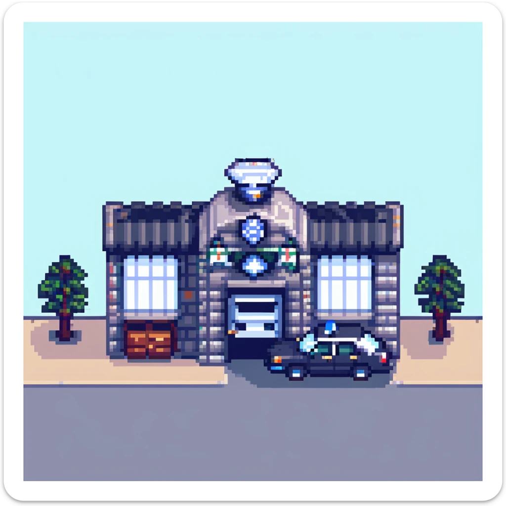 detailed police station building with police car parked outside, pixel art style sticker