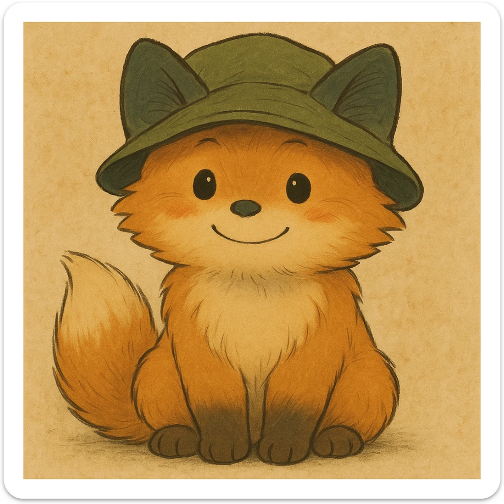 A cute, fluffy fox with a round head in the style of Studio Ghibli, wearing a hat. sticker