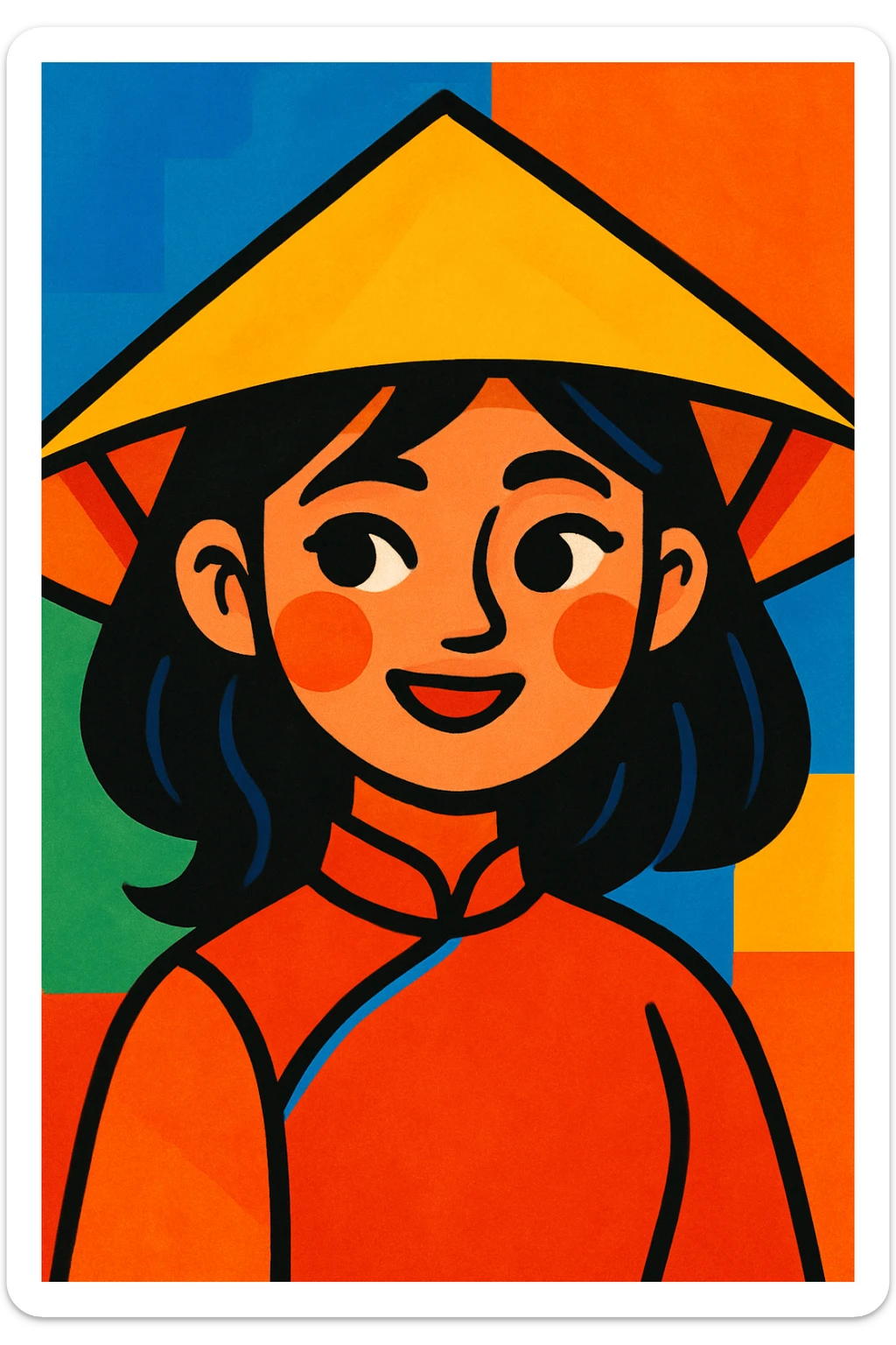 portrait of a Vietnamese girl, vibrant cartoon style, colorful, lively, expressive sticker