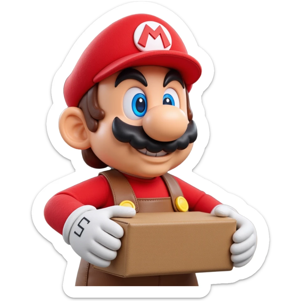 a worker in factoryA 3D-rendered head of a character inspired by Super Mario, facing slightly from front-left to right. The head should include his signature red cap with an ‘M’, large round nose, thick mustach sticker