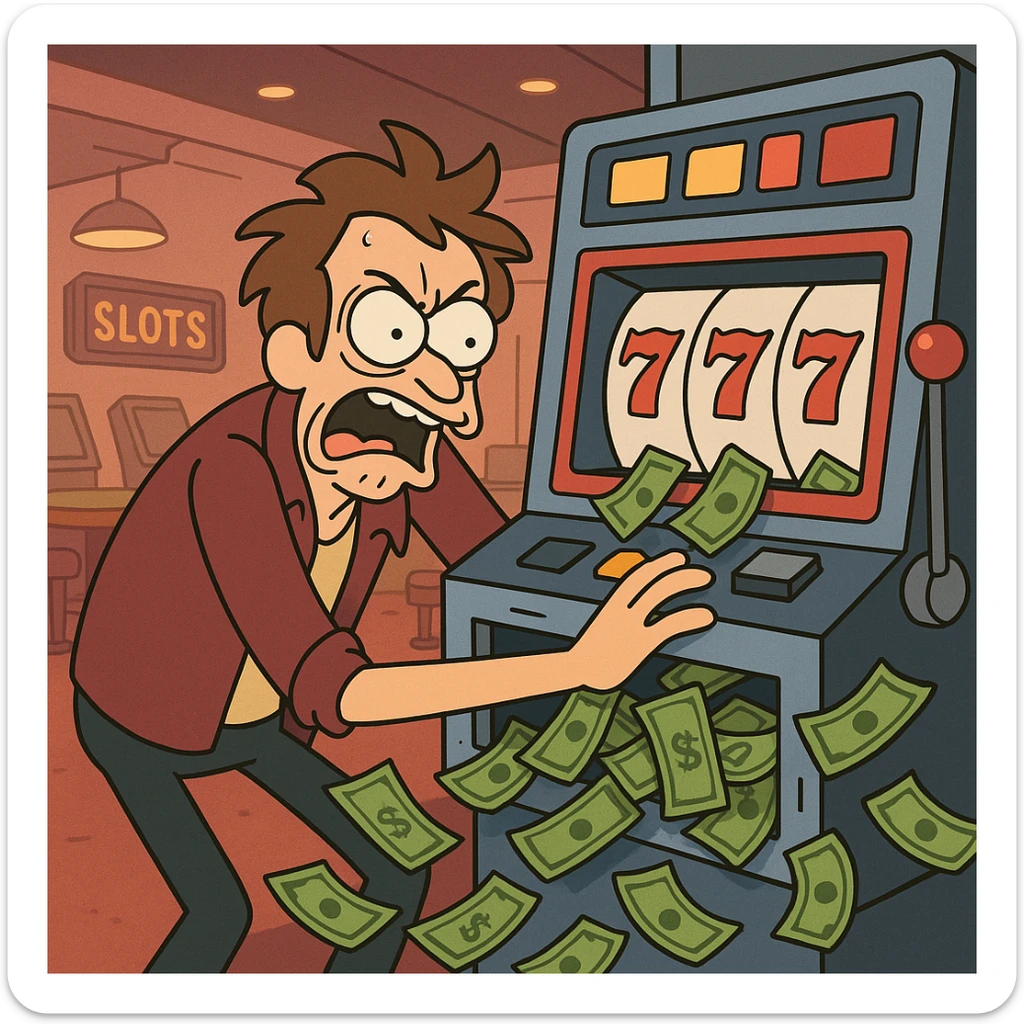 frantic gambler scraping a slot machine, money pouring out, distressed expression, casino setting, vibrant cartoon style sticker