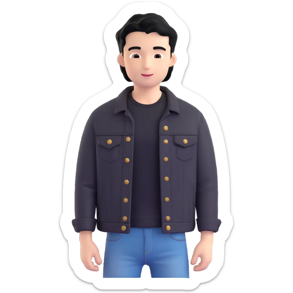 3D emoji Microsoft style, young man with black hair, wearing black t-shirt and black denim jacket, based on photo reference, slight smile sticker