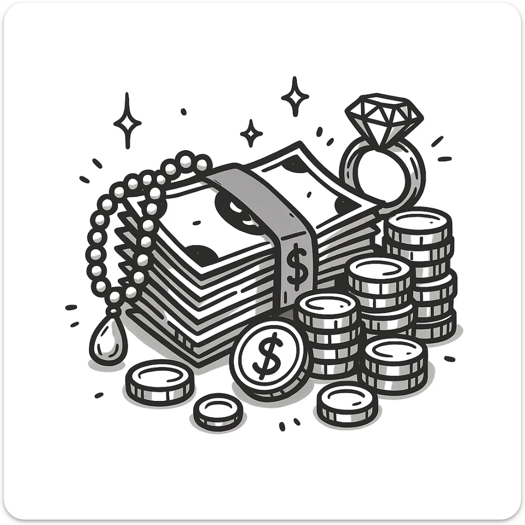 Make the stack of money look richer, add gold coins, jewelry, and a luxurious feel. The original style is doodle style, but doodle style does not support editing, so please keep the luxurious feel consistent with doodle style. sticker