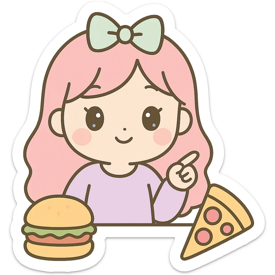 Make the woman have longer hair, wear a pastel purple shirt, and a pastel bow on top of her head, similar to the provided reference image. She is pointing at a pizza in front of her, with a hamburger also in front of her. Keep the kawaii chibi anime style, flat pastel colors, thick outlines, simple cute features, and transparent background. sticker