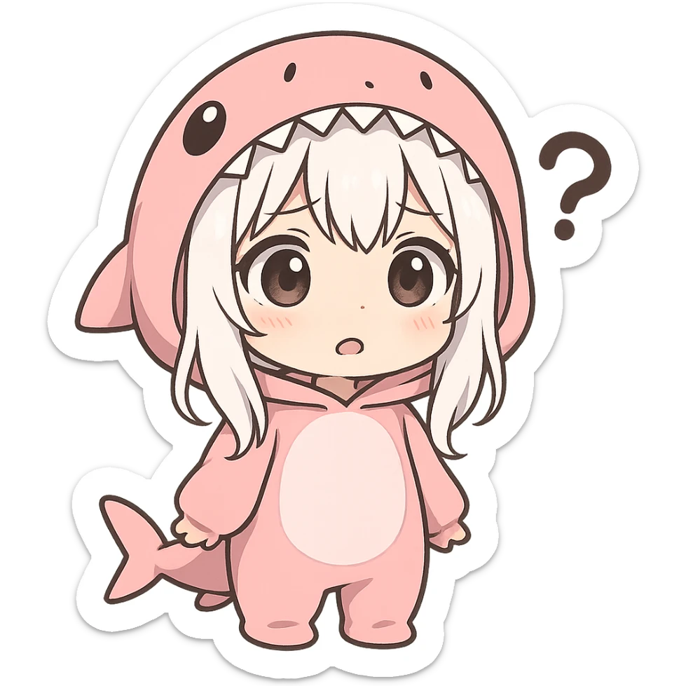 chibi style anime girl with white hair in a pink shark onesie, confused and cute expression sticker