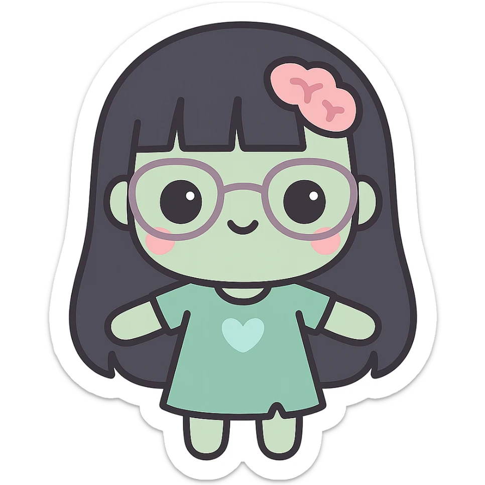 zombie girl with long black hair, bangs, and glasses, kawaii style sticker