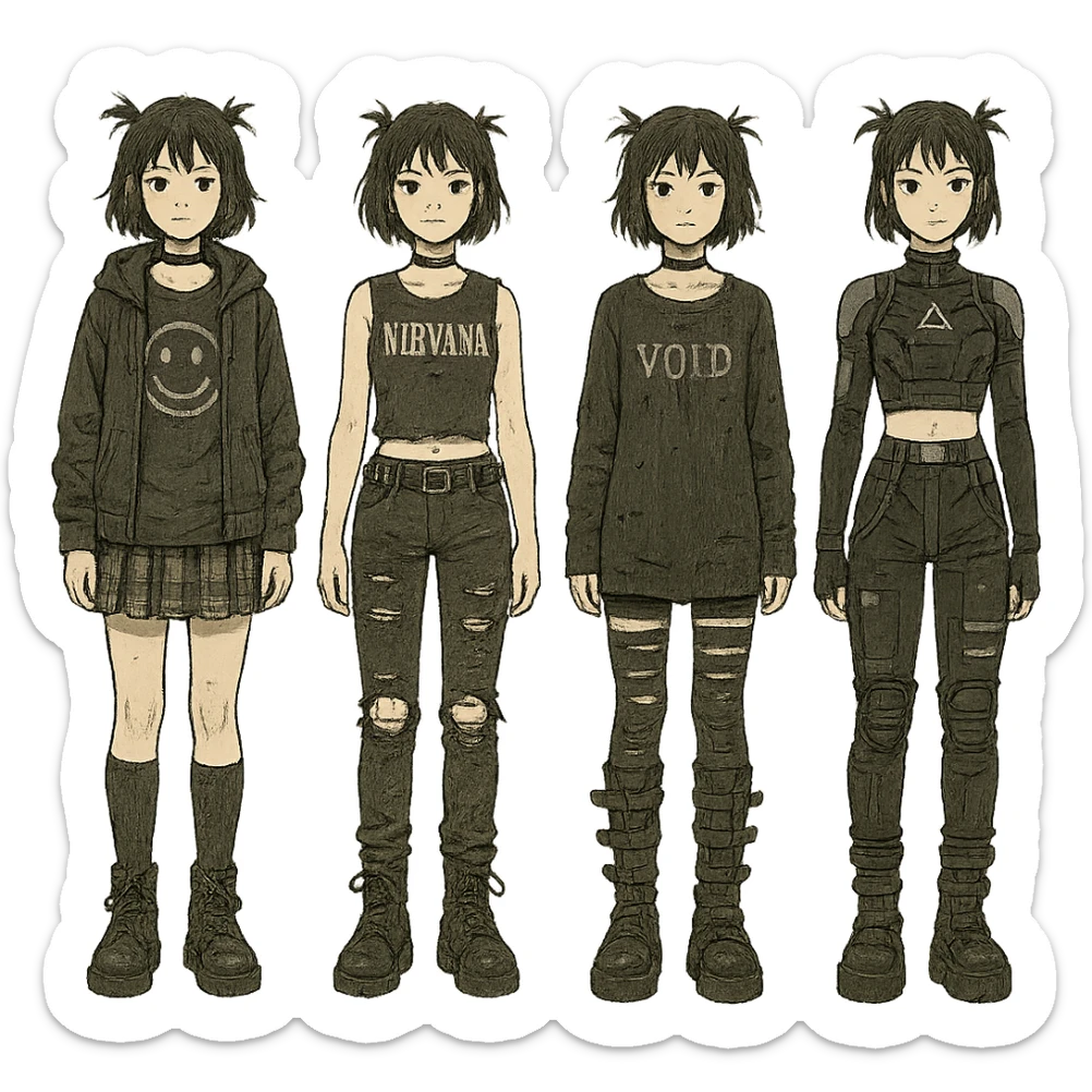 outfit designs for a VTUBER OC. The style is mixed 90's grunge, punk, lots of black and white in the color scheme, futuristic aesthetic. Clothing has small rips and tears from wear, logos and designs are faded. Garage, Shoegaze, postmodern style. character design concept art outfits for a female. [[FUTUREPUNK CYBERGOTH]] front on view, not 3/4 angle or any angle, perfect front sticker