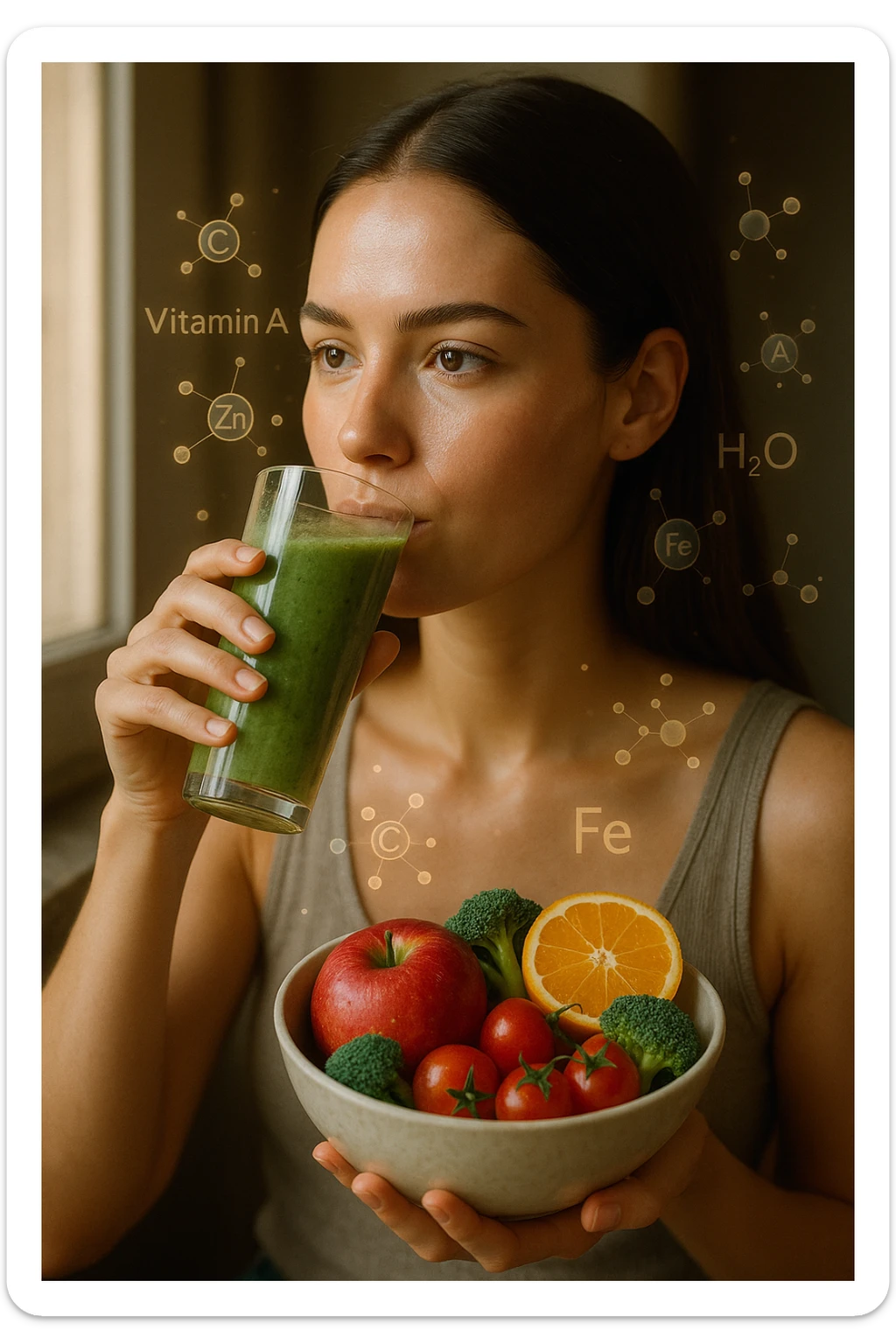 A highly realistic, cinematic portrait of a young woman in her late 20s with glowing, clear, healthy skin and a vibrant scalp with strong, shiny hair, symbolizing internal health reflecting outward. She has a calm, confident expression while sitting by a window with warm daylight softly illuminating her face, highlighting smooth, hydrated skin with a natural glow. Her hair appears clean, full, and strong, indicating a healthy scalp and balanced sebum production. She is drinking a glass of green smoothie rich in antioxidants and holding a bowl of colorful fruits and vegetables, symbolizing how internal nutrition supports skin and scalp health. Subtle, softly glowing overlays of molecular symbols for vitamins, minerals, and hydration molecules gently swirl around her, visually representing the concept of beauty and skin health from the inside out. Style: 35mm hyperrealistic film look, warm tones, soft depth of field, focusing on clear skin texture, healthy scalp, and vibrant hair to inspire holistic wellness sticker