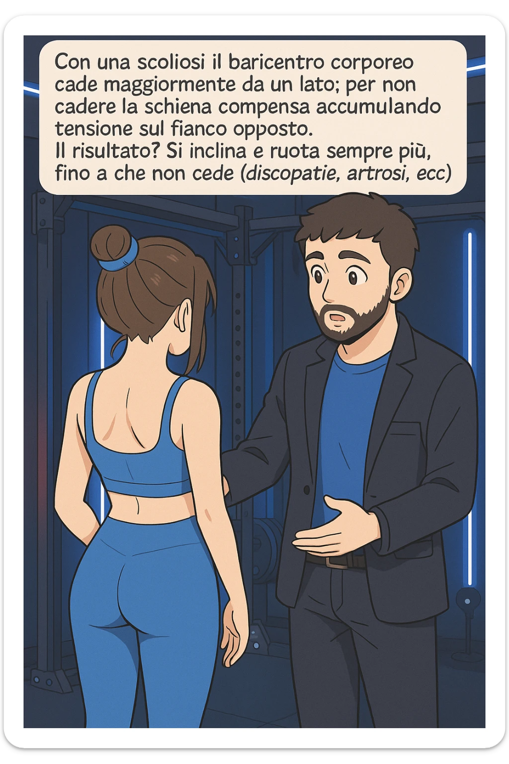 fai questa immagine in versione manga/webtoon a colori con stile di disegno carino e moderno, il manga mostra la donna di spalle, mentre l'uomo le tocca la spina dorsale per spiegarle come funziona la scoliosi:
Con una scoliosi il baricentro corporeo cade maggiormente da un lato; per non cadere la schiena compensa accumulando tensione sul fianco opposto.
Il risultato? Si inclina e ruota sempre più, fino a che non cede (discopatie, artrosi, ecc) sticker