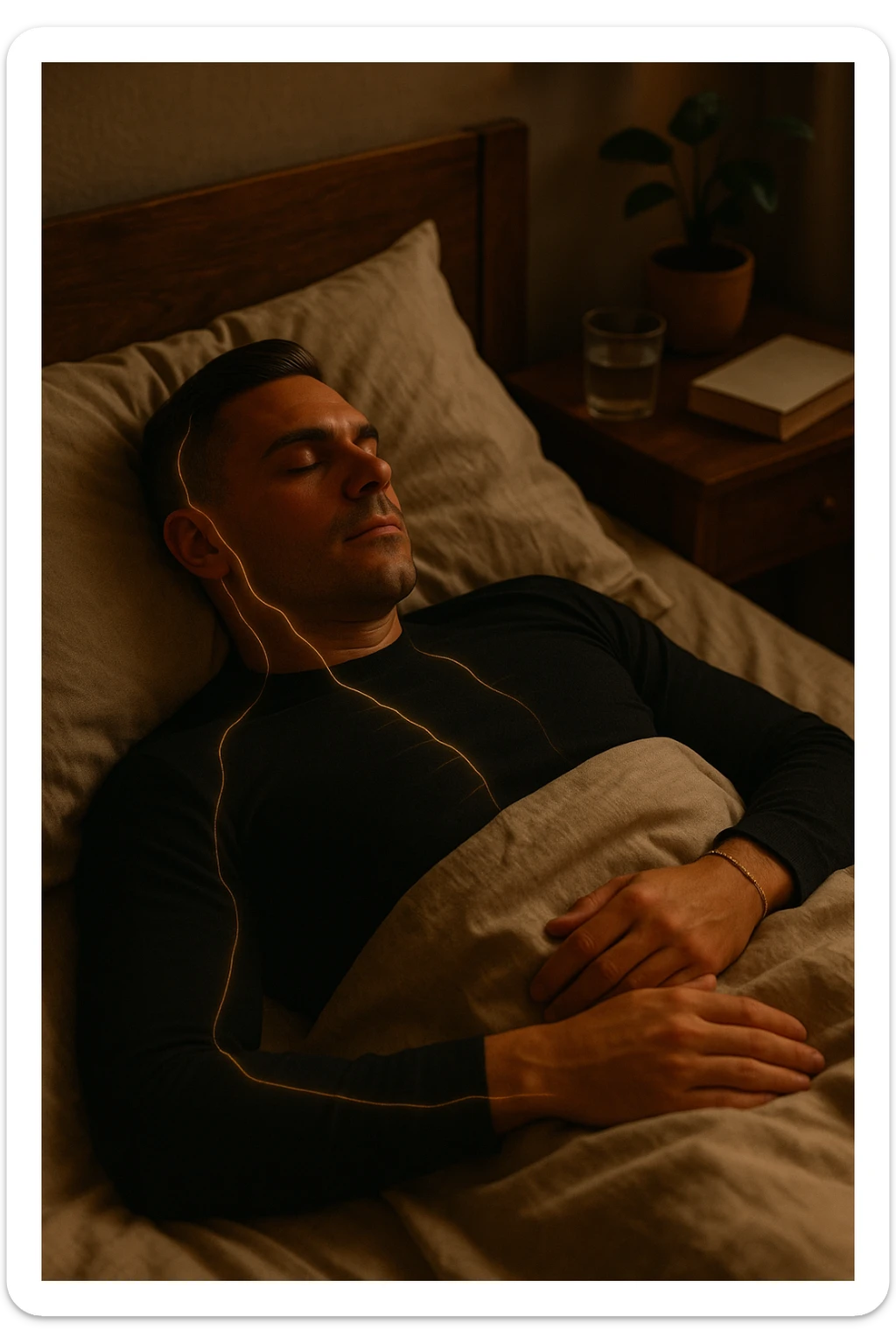 A cinematic close-up of a man in his early 30s sleeping peacefully on his back in a softly lit bedroom. His breathing is calm, chest rising slowly. The sheets are slightly crumpled, natural linen textures in warm beige tones. His face is relaxed, with faint light illuminating the side of his cheek and temple from a nearby window. Around his body, faint glowing lines follow the spine and head, symbolizing deep nervous system recovery and hormonal balance. On the nightstand: a glass of water, a book, and no electronics. The room is quiet and grounded, with natural elements like a small plant and a wooden headboard. Shot in 35mm cinematic style, with warm ambient tones, shallow depth of field, and a peaceful, healing atmosphere sticker