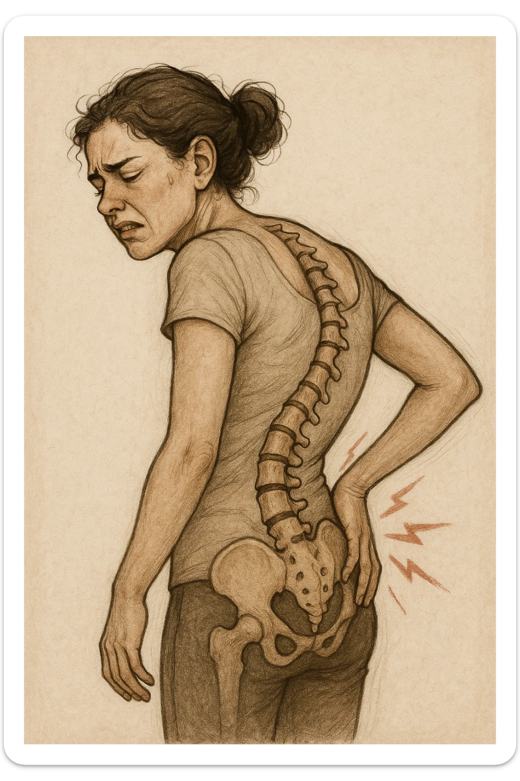 Donna con scoliosi dolorante perchè non ha mobilità a causa di essa sticker