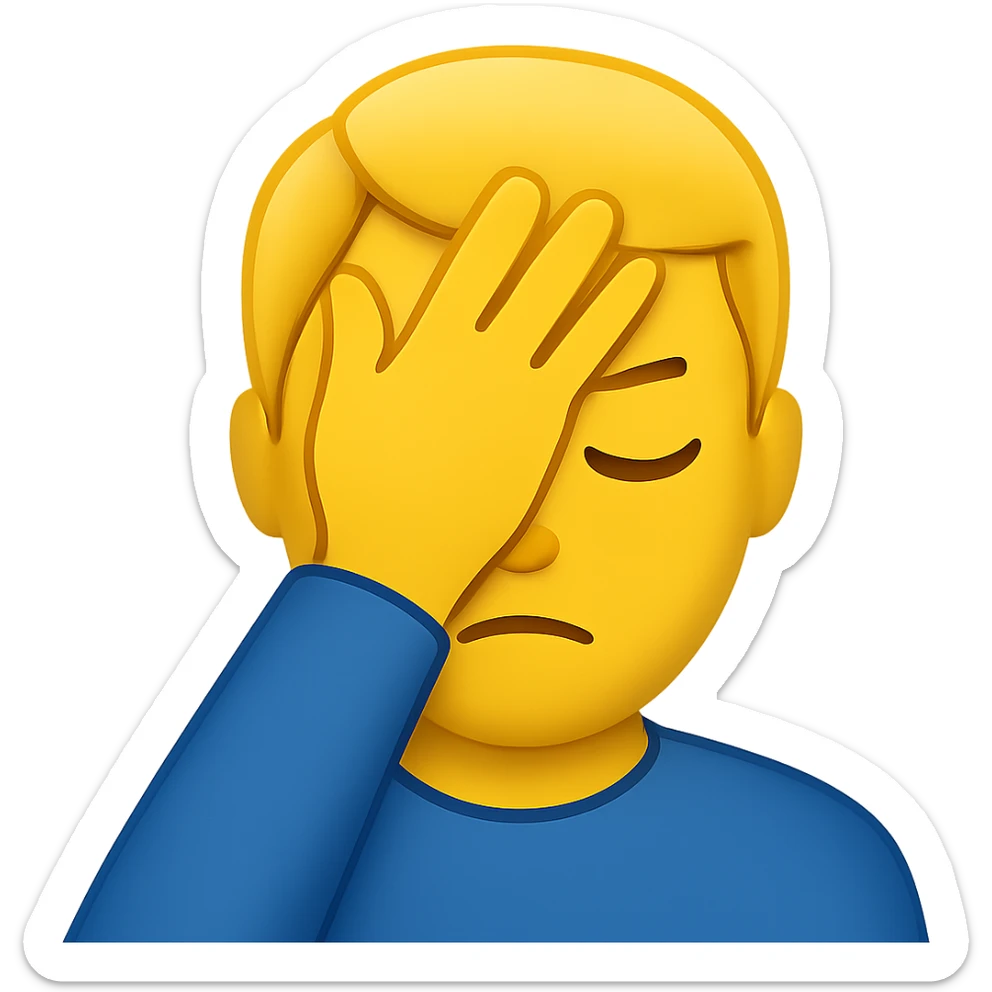 Create a very simple design of a facepalming person with yellow skin. The hand should be clearly hitting the forehead. Keep the background transparent. The style should be clean and minimalistic to emphasize the gesture clearly. sticker