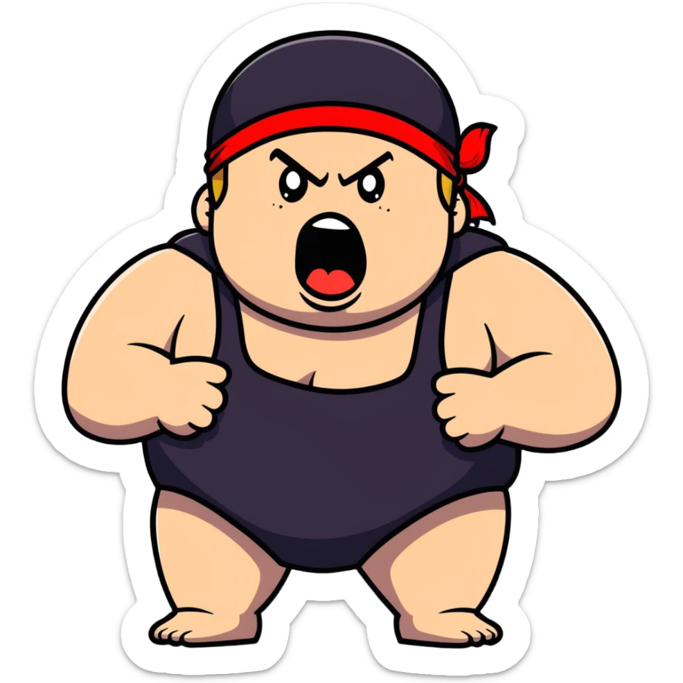 Extreme close-up of face of morbidly obese white skin guy with young face, prominent BLACK DURAG tied clearly on head, black beard but no mustache, clean shaven upper lip, black eyes in a red and black wrestling singlet with mouth wide open screaming angrily sticker