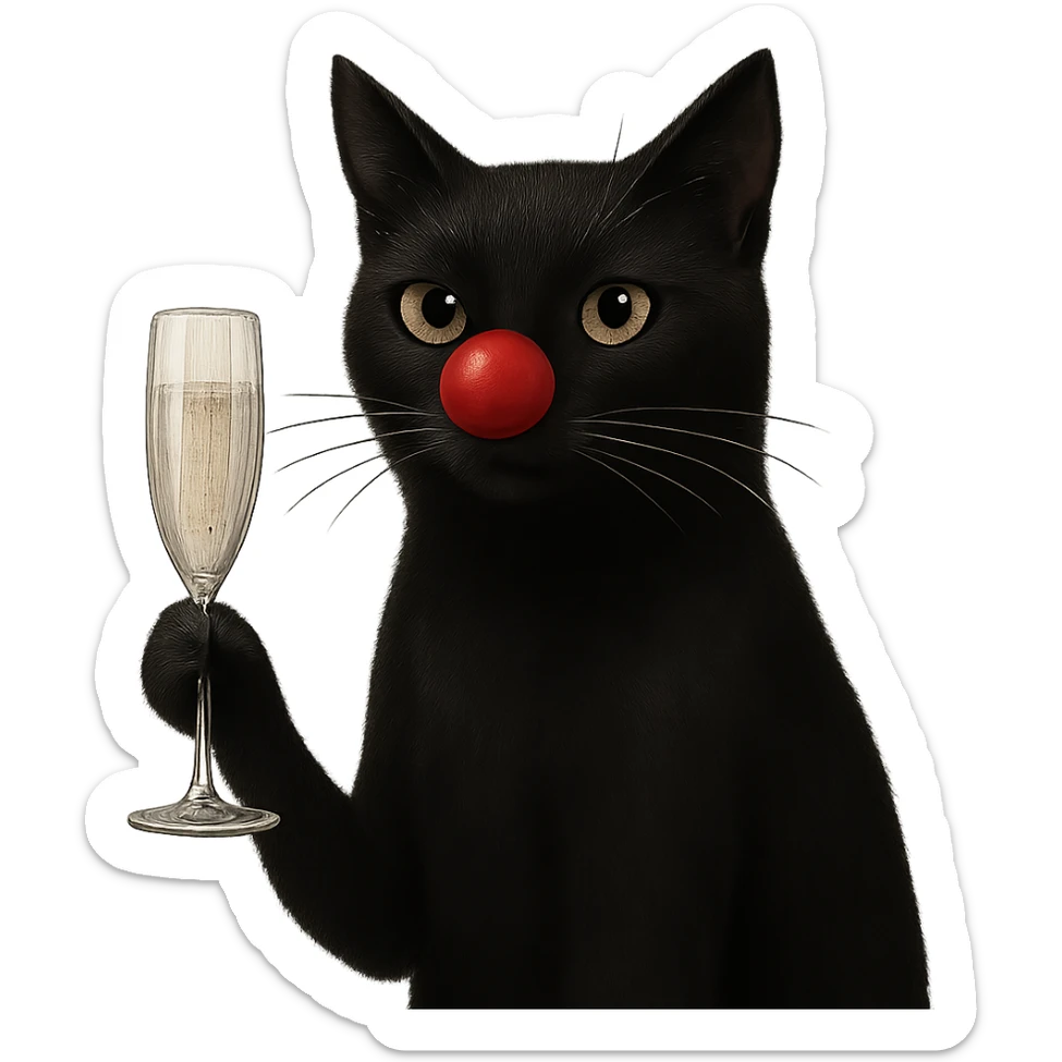 black cat with a red clown nose holding a glass of champagne, elegant and whimsical sticker