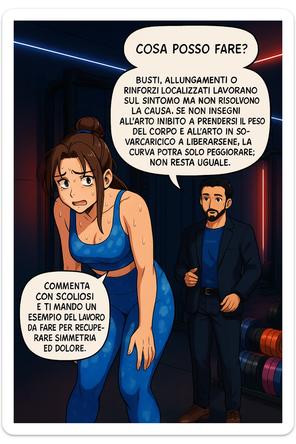 ispirati a questo stile di disegno e fai questa immagine in versione manga/webtoon a colori, il manga mostra la donna preoccupata che chiede: "COSA POSSO FARE?" E L'UOMO CHE RISPONDE: Busti, allungamenti o rinforzi localizzati lavorano sul sintomo ma non risolvono la causa. Se non insegni all’arto inibito a prendersi il peso del corpo e all’arto in sovraccarico a liberarsene, la curva potrà solo peggiorare; non resta uguale. Commenta con scoliosi e ti mando un esempio del lavoro da fare per recuperare simmetria ed eliminare il dolore. sticker