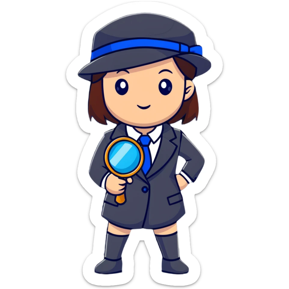 girl in a business suit, wearing a detective hat, holding a magnifying glass, in an investigating pose sticker