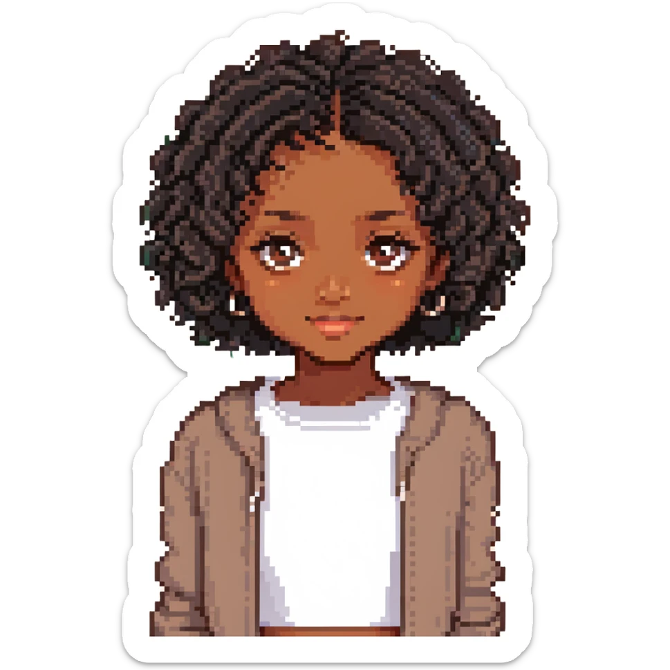 pixel art of a brown-skinned girl with short black curly hair parted in the middle, brown eyes sticker
