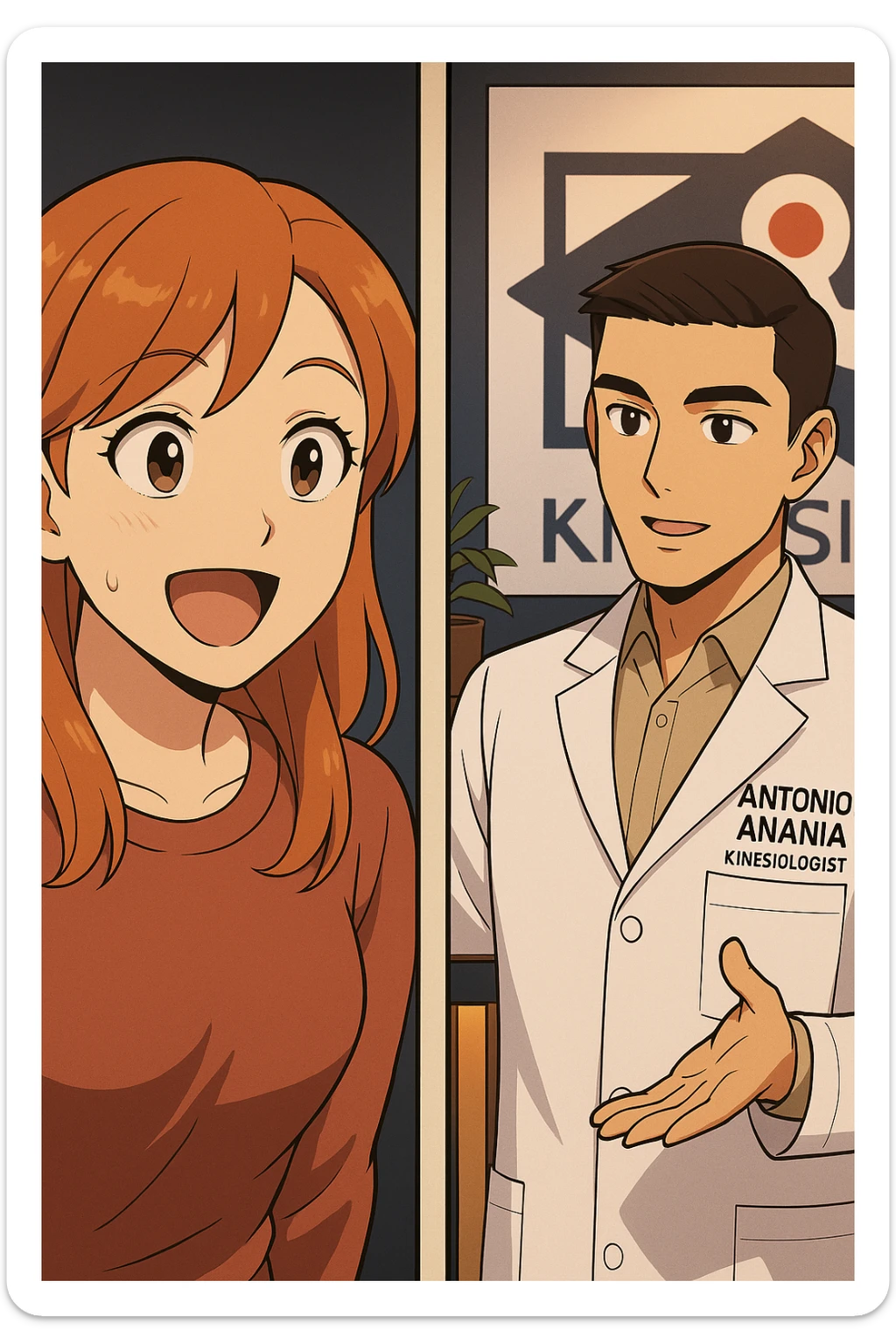 su questo stile fai un manga/webtoon a colori in cui C'è UNA STRISCIA CON FOCUS SUL VOLTO DELLA donna CON ESPRESSIONE DI STUPORE CHE ESCLAMA UNA COSA FELICE, MENTRE NELLA STRISCIA A DESTRA SI VEDE, l'uomo della foto in stile manga LE SPIEGA CHE DEVE PROVARE LA SUA VALUTAZIONE MEDICA, mantieni un ambiente simile alla foto che ho allegato con il suo logo (sarebbe il suo studio, lui è un kinesiologo), scrivigli "ANTONIO ANANIA" sul camice bianco, non mettere fumetti, ma fai in modo che sembri che la donna CHIEDA E  l'uomo RISPONDA sticker