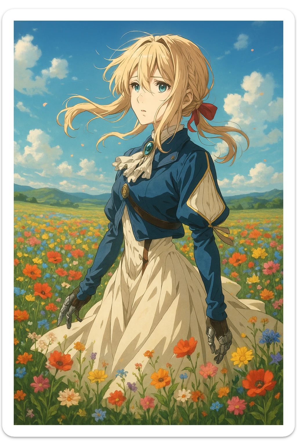 Violet Evergarden, standing in a field of flowers, wind blowing her hair and dress, cinematic scene in the original anime art style sticker