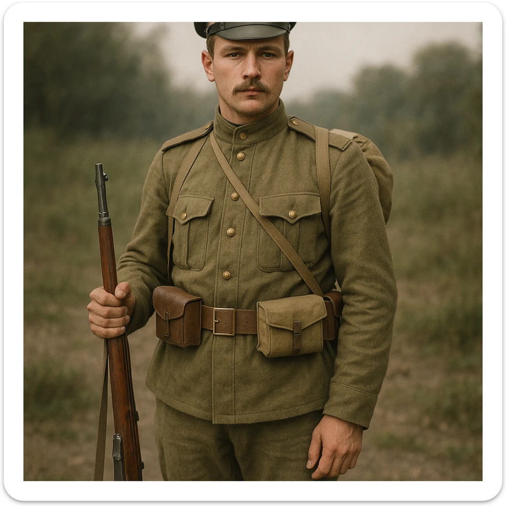 realistic style infantryman of the Russian Imperial Army, 1914 uniform, rifle, forage cap sticker