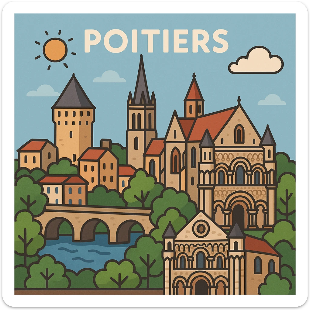 flat toon style Poitiers cityscape or landmark, France sticker