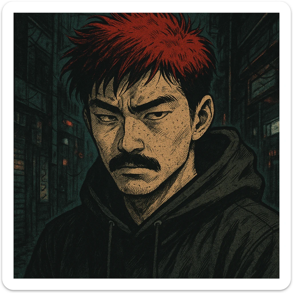 Asian man with black mustache, red hair, black hoodie, gritty cyberpunk manga style, inspired by 90s Japanese comics, moody lighting sticker