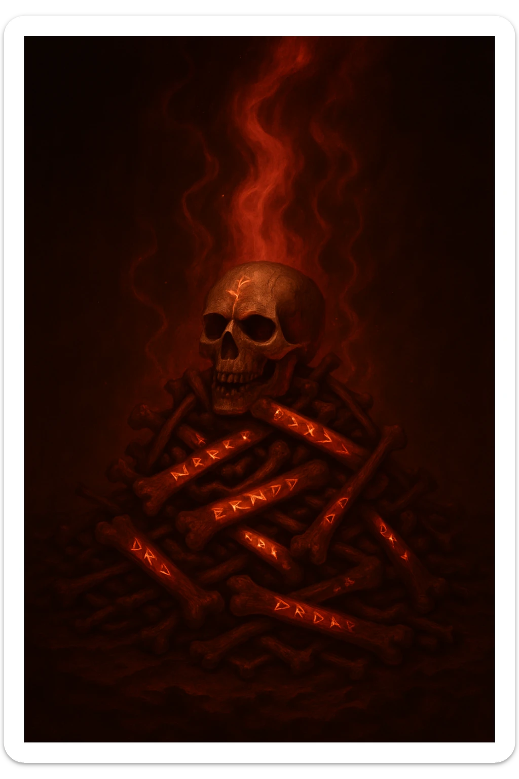 Change the mystical energy to red, keep the mystical pile of bones with glowing runes and enchanted fantasy style. Preserve the magical atmosphere with red mystical energy glowing around the bones and runes. sticker