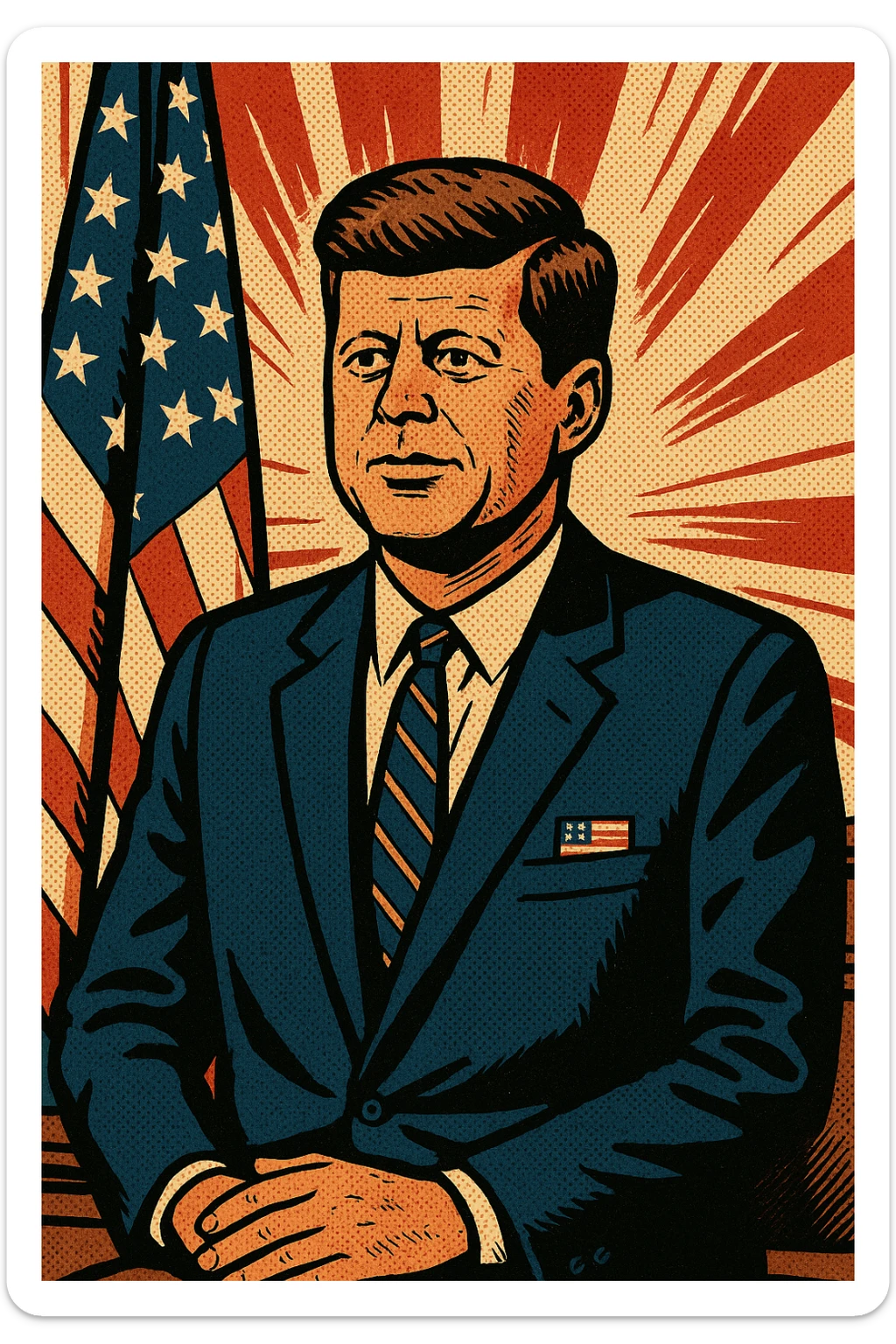 President Kennedy wearing a suit with a US flag badge standing in front of a US flag in his office sticker