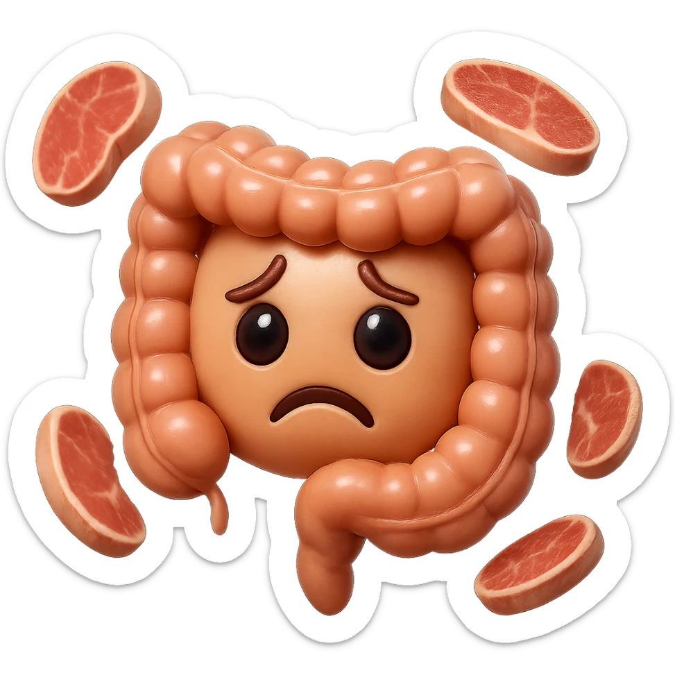 emoji stile iphone in 3d di un intestino triste
 con fette di carne che gli fluttuano intorno, iperrealistico 4k sticker