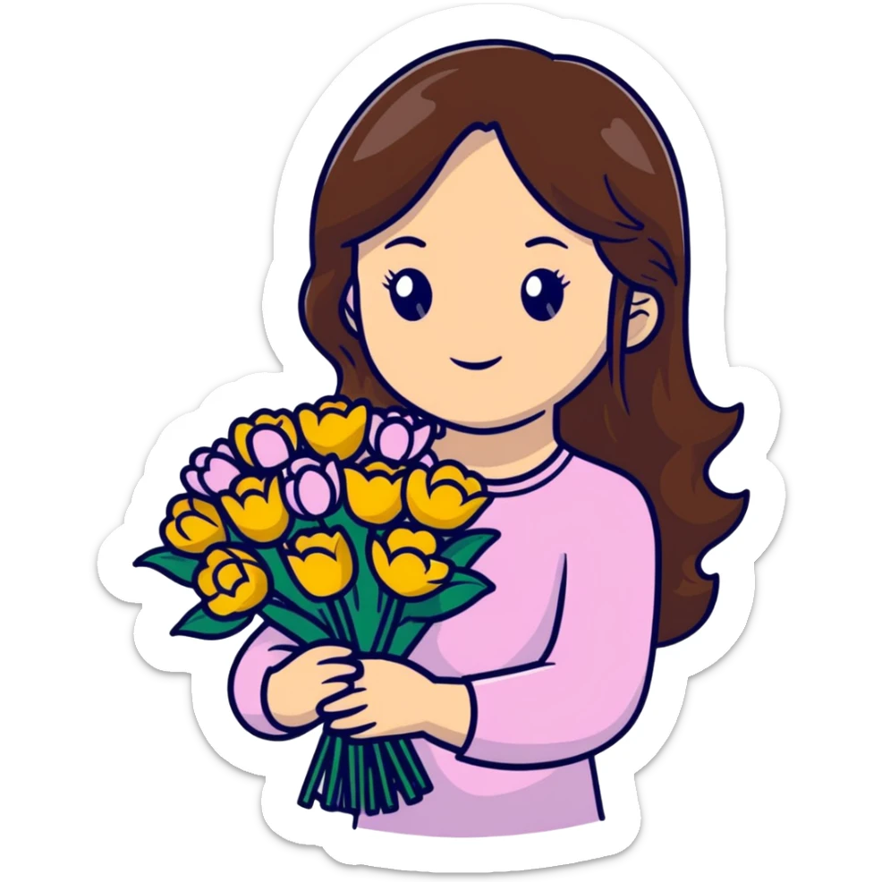 Cool girl with long brown hair and fair skin holding a bouquet of flowers sticker