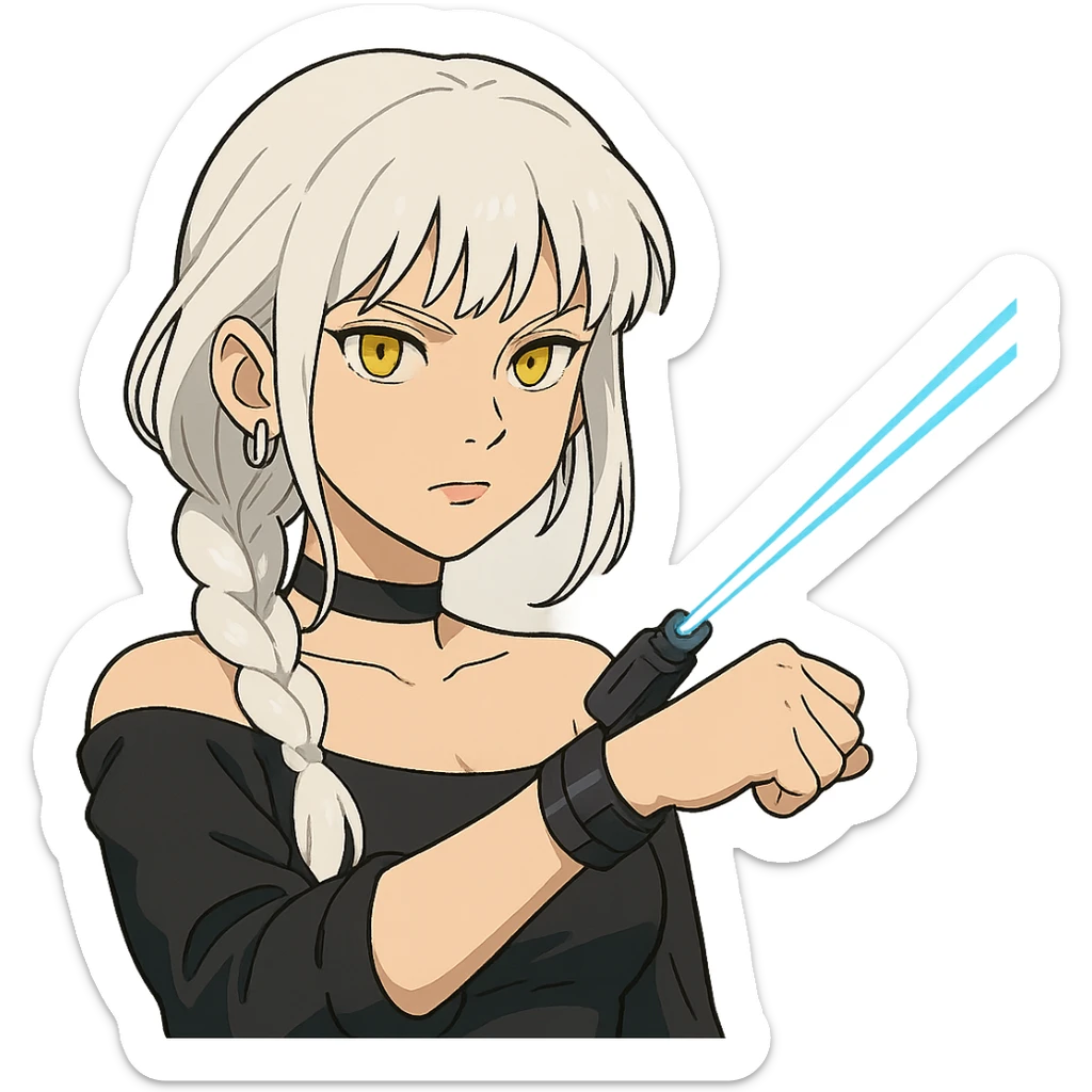  a closeup portrait of young woman with gold yellow eyes, white hair, long braid, black off-shoulder top d-cup, punk gothic style, futuristic cyberwave cyberpunk,  shooting a blue lazer from a small device on her left wrist sticker