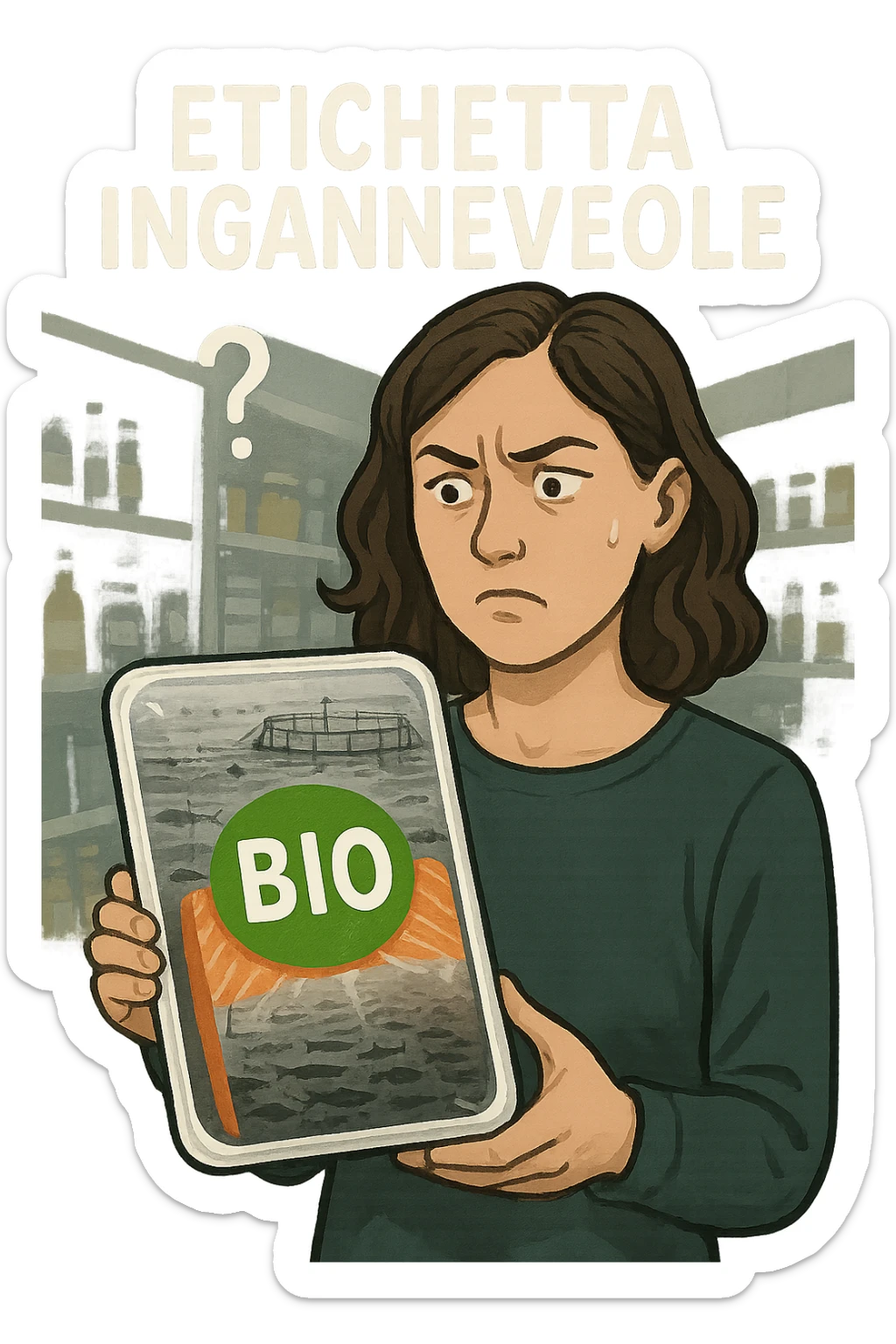 Scena in un supermercato moderno: uomo o donna tiene in mano una confezione di salmone etichettata 'BIO', con un grande bollino verde. Ma in trasparenza, dietro l’etichetta, si intravede un allevamento intensivo di salmoni in gabbie marine, acqua torbida e pesci ammassati. Espressione del cliente confusa e sospettosa. Sopra la testa, testo simbolico fluttuante: 'Etichetta ingannevole'. Colori contrastanti: confezione brillante ma realtà di fondo grigia e artificiale. Stile realistico con elementi simbolici forti realistico sticker