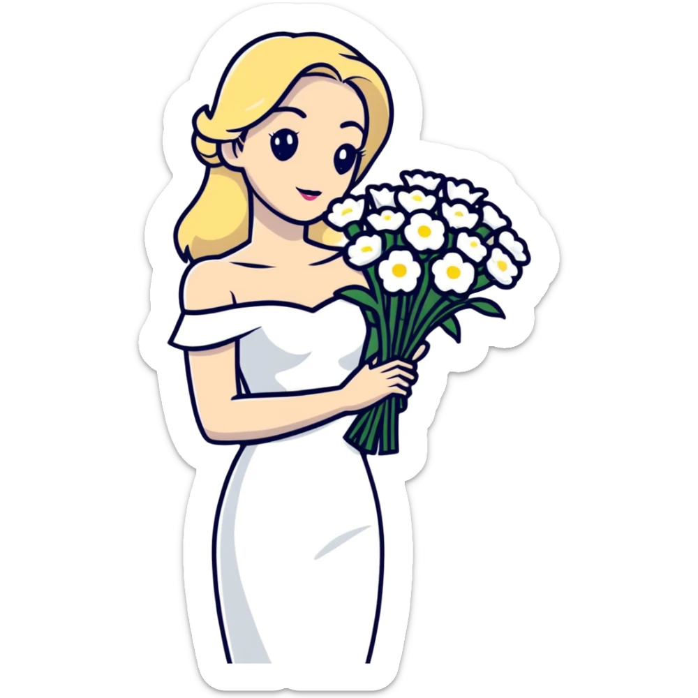 blonde woman in a white off-shoulder dress with a bouquet of white flowers in a white bag in her right hand sticker