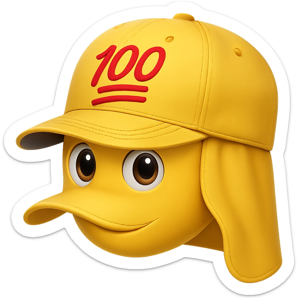 Embroider the red 100 emoji on the front of the yellow baseball cap in the style of apple emojis, with no background. sticker