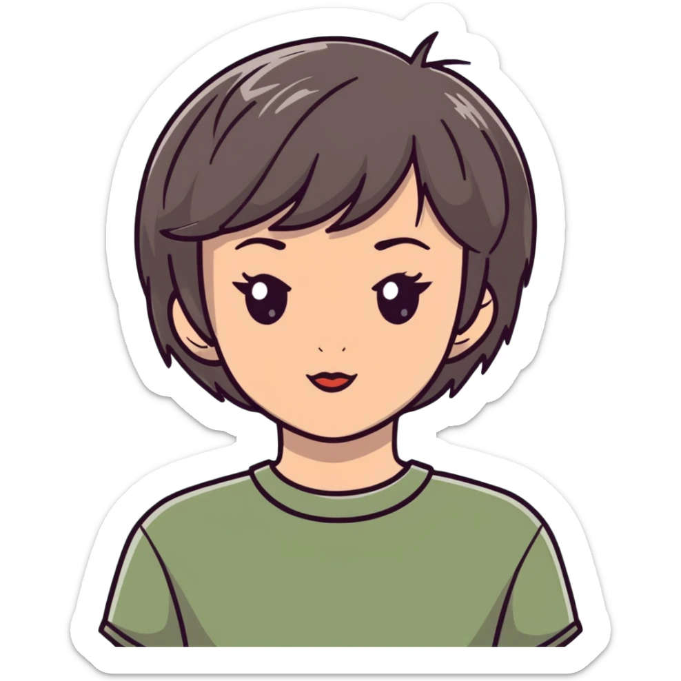 White girl with short wolfcut hairstyle, brown eyes, straight hair, wearing a sage green top sticker
