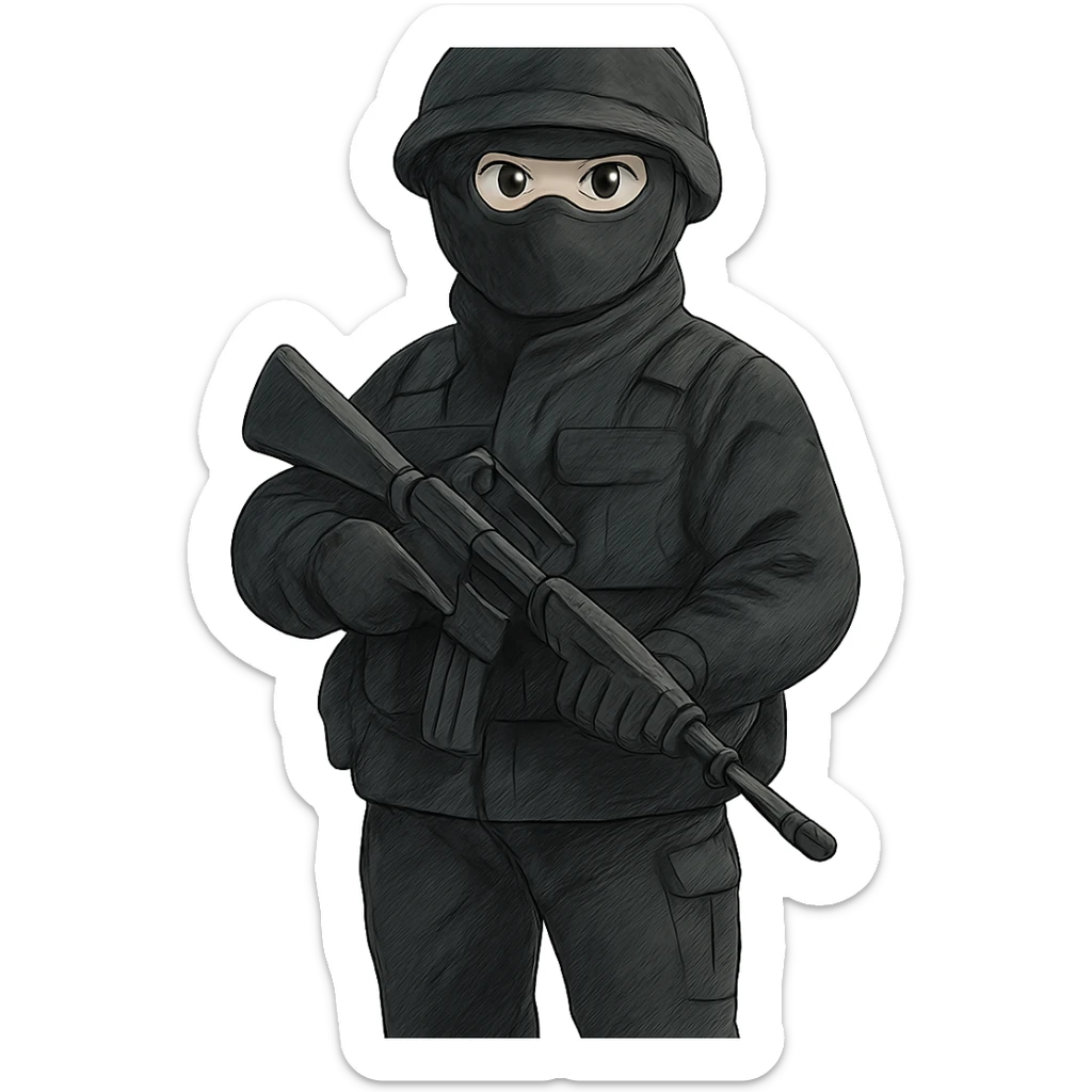 ghibli style armed figure in all-black military clothing, shiesty mask, and helmet sticker