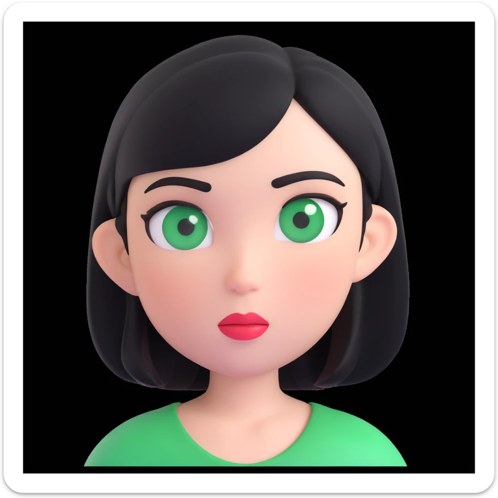 girl with black hair and green eyes, memoji style, 3D, expressive face, white background sticker