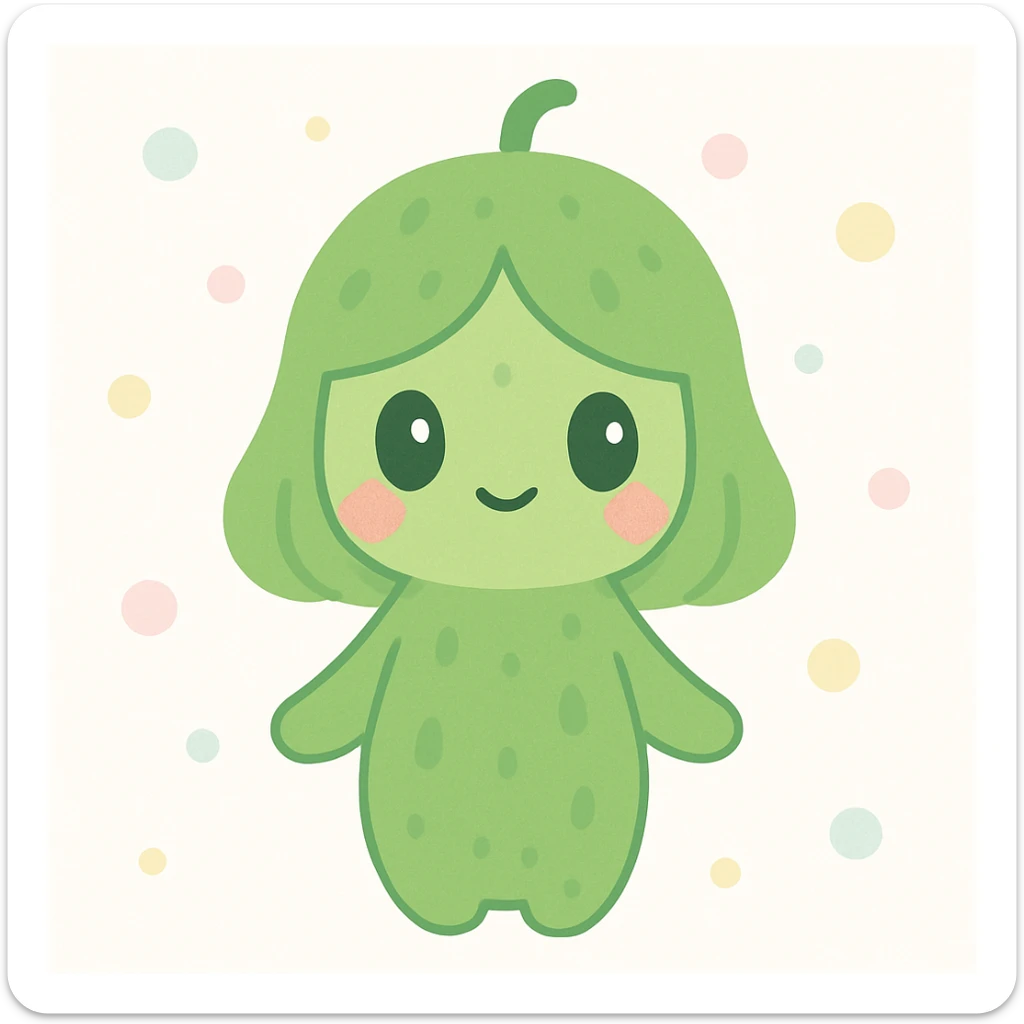 a fusion of a cucumber and a girl, with green skin and cucumber patterns, cheerful expression sticker